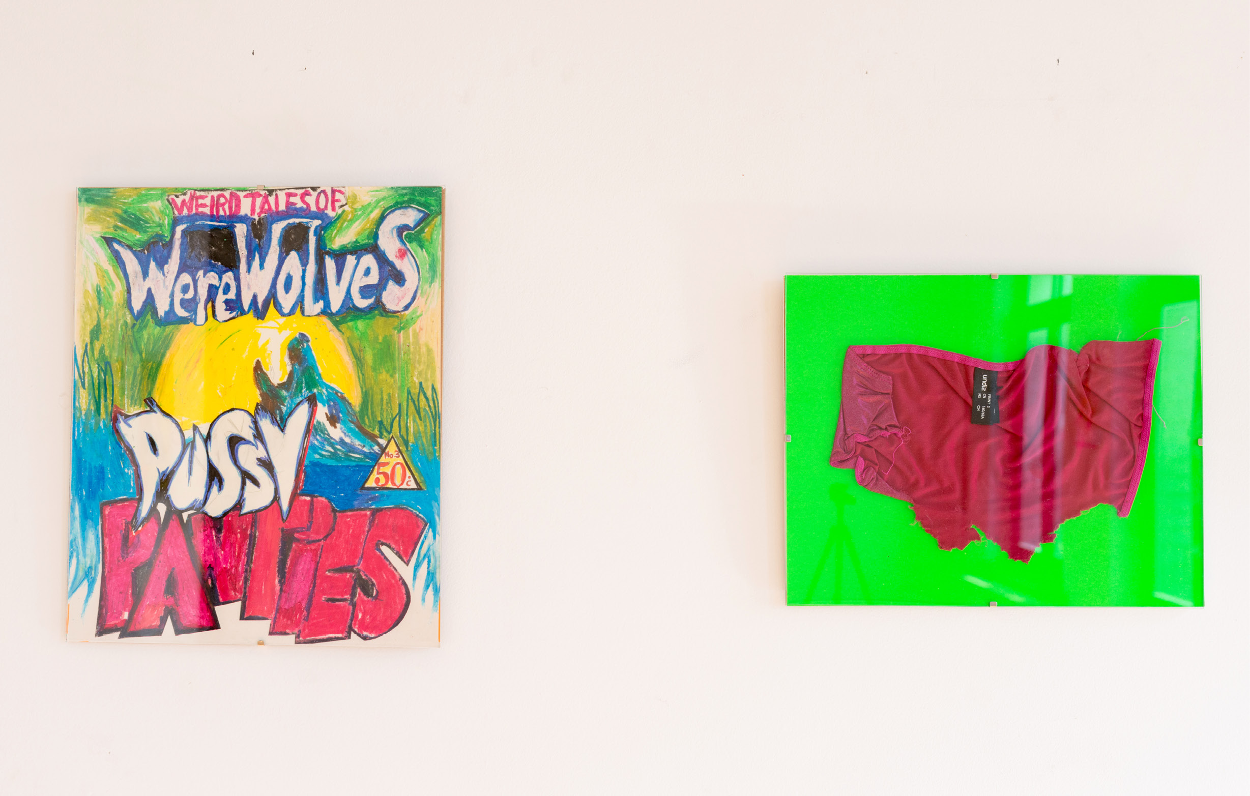 Werewolves Pussy Panties [Loups-Garous Chattes Culottes], collage, pastels gras, feutres, 350x300mm, 2019